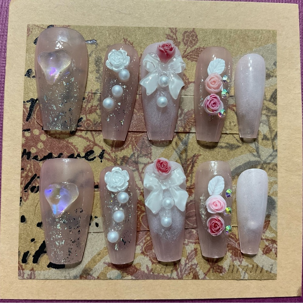 Pink & White Roses Press On Nail Set with Pearl Accents - Bridal Collection